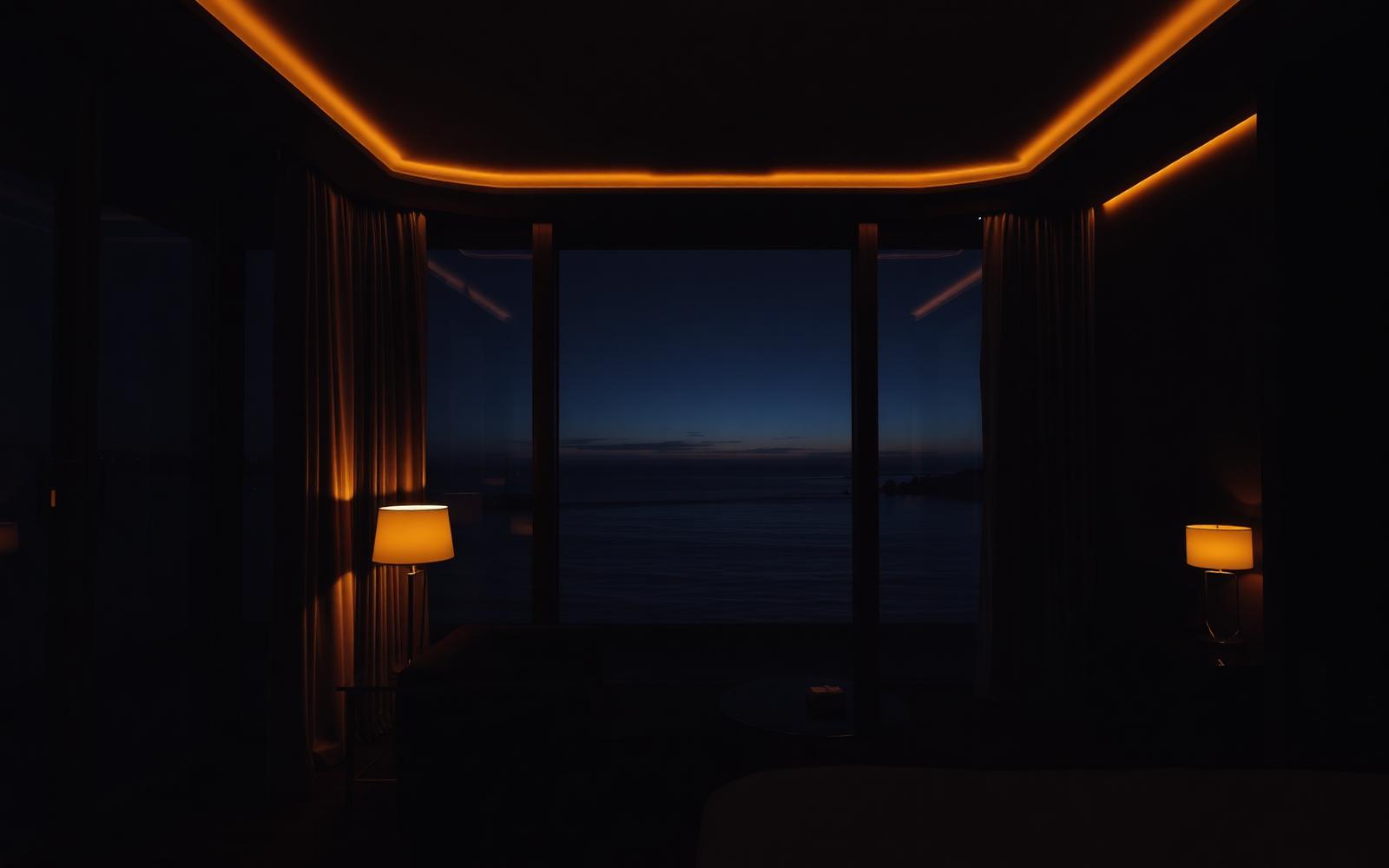 Dark luxury hotel suite with a sea view window